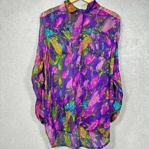 VTG 90s Carole Little Sheer Gauze Long Sleeve Purple Blouse Oversize Women S